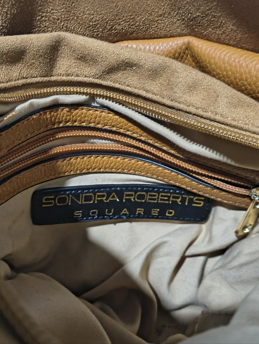 Sondra Roberts Squared Hobo Bag Camel Pebbled Tote with Insert & Dust Bag